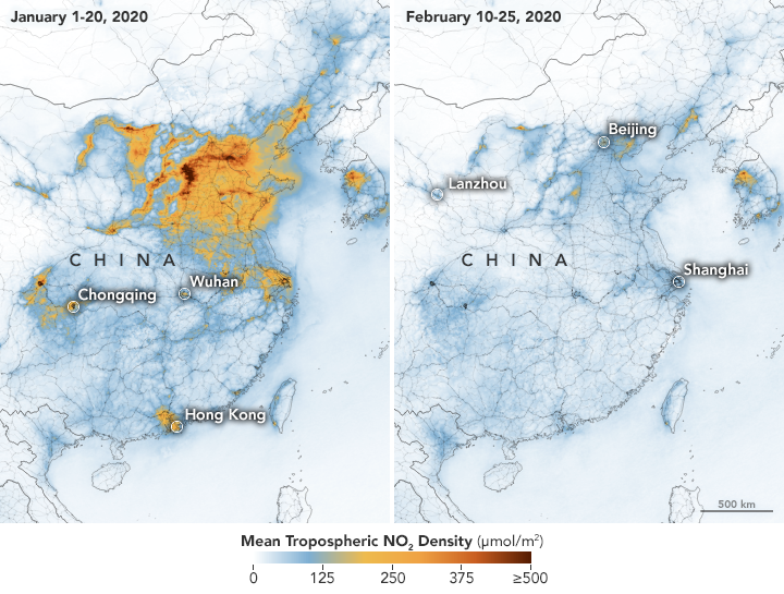Comparació de la concentració de NO2 al cel de la Xina entre el gener i el febrer de 2020
